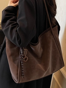 Vintage dark brown suede tote bag with woven charm, large shoulder bag for commuting
