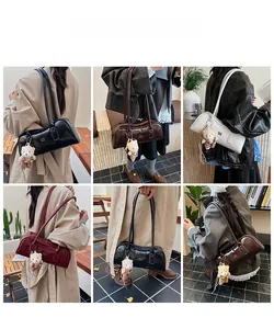 Collage of chic leather Boston bags in four colors with cute bear charms on models