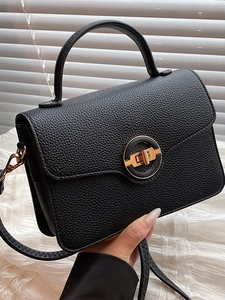 Sac à Épaule Minimaliste en Cuir PU pour Femmes Motif Litchi Sac à Main de Mode avec Boucle en Métal Rond Doré