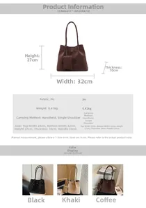 Detailed size chart of the large PU leather tote bag with product dimensions and weights