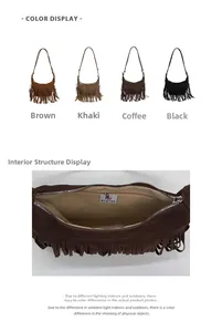 Detail view of fringe shoulder bags in four colors and close-up of internal zipper pocket