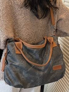 Vintage large capacity charcoal canvas tote bag with brown straps for women