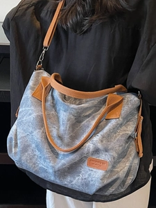 Retro large capacity canvas tote bag with brown straps and vintage blue texture
