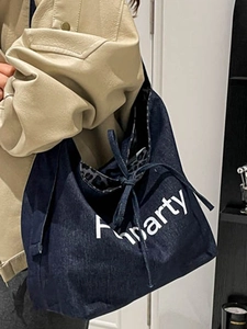 Large capacity navy denim tote bag with white party text and leopard print lining