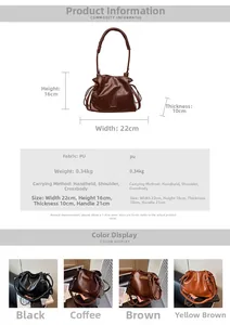 Detailed size chart and specifications for the women's PU leather bucket bag with dimensions