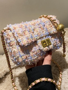 Women Tweed Chain Shoulder Crossbody Bag Elegant Small Square Bag With Adjustable Golden Ball Strap Urban Fashion Handbag