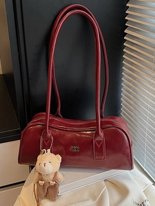 Women Large Capacity PU Leather Boston Bag Minimalist Glossy Underarm Shoulder Bag With Plush Bear Charm Top Handle Pillow Bag