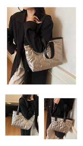 Detailed views of a quilted silver tote bag featuring a metallic finish and padded texture