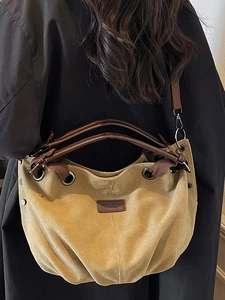 Retro mustard yellow large capacity canvas tote bag with brown handles and shoulder strap