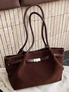 Vintage Suede Shoulder Bag For Women Retro Tote Handbag With Metal Buckle Minimalist Commuter Solid Color Bucket Bag