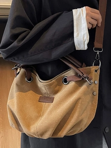 Retro canvas tote bag in mustard yellow with large capacity and brown shoulder straps