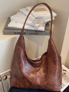 Vintage PU Leather Tote Bag For Women Large Capacity Shoulder Bag Solid Color Fashion Korean Style Hobo Commuter Handbag
