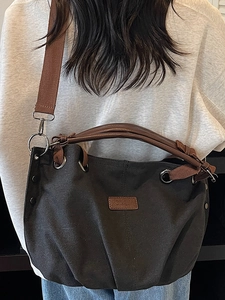 Retro charcoal canvas tote bag with brown wide shoulder strap and large capacity