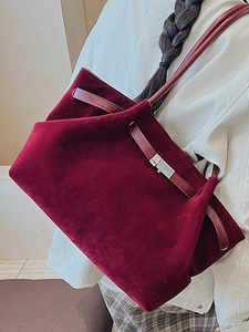 Elegant deep red velvet tote bag with leather strap and silver metal lock for women