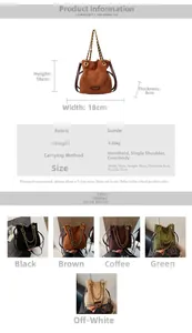 Détail du sac seau en daim rétro avec chaîne et tableau des tailles de 18x18x8cm