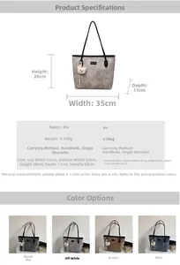 Size chart showing dimensions 35x28x11cm and material specs for this PU leather tote bag