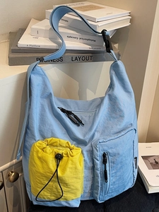 Large Capacity Urban Simple Nylon Crossbody Bag For Women Men Patchwork Stitching Drawstring Multi-Pocket Shoulder Bag For Travel Commuting