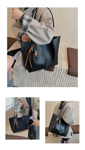 Detail shots of black leather tote bag with brown woven tag and bear charm on shoulder
