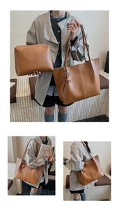 Close-up of caramel brown leather tote bag with star charm and matching clutch bag set
