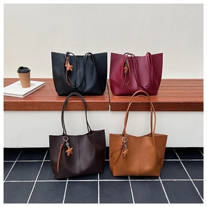 Collage showing large minimalist tote bags in black, burgundy, dark coffee, and light brown