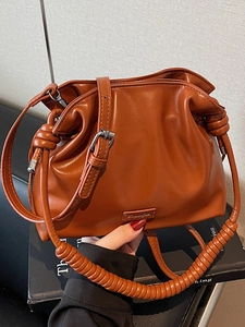Fashion Women PU Leather Bucket Bag Minimalist Drawstring Shoulder Bag Spiral Handle Elegant Commuting Crossbody Bag