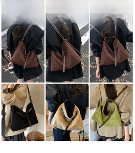 Multiple views of the retro suede hobo tote bag in four colors worn on the shoulder
