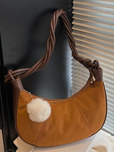 Retro Suede Crescent Hobo Bag For Women Vintage Patchwork Shoulder Bag With Braided Strap Plush Ball Simple Underarm Bag