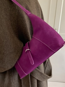 Retro purple suede underarm bag with silver buckle and white stitching detail