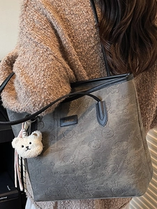 Fashion large capacity dark grey tote bag with cartoon embossed patterns for daily commute