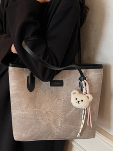 Fashionable khaki large capacity tote bag with bear embossing and black leather handles