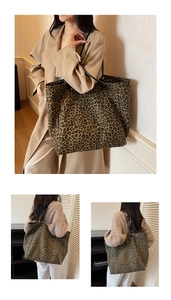Close-up of leopard print canvas tote bag with slim black straps for autumn styling