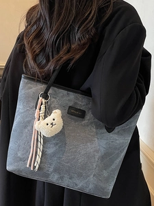 Grey large capacity tote bag with cartoon bear print and plush charm for women