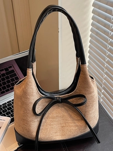 Sac Fourre-tout en PU Patchwork pour Femmes Grande Capacité Sac à Épaule Décoratif avec Nœud Papillon Sac à Main de Mode Travail