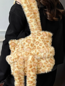 Chic leopard print plush tote bag with a soft bow design and large capacity for women