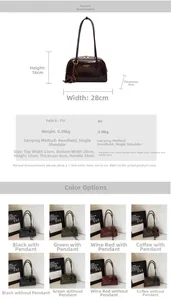 Detailed size chart for vintage bowling bag showing 28cm width and PU leather specs