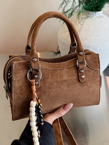 Vintage Suede Shoulder Bag For Women Rivet Decor Beaded Charm Handbag Small Square Crossbody Bag Minimalist Retro Purse