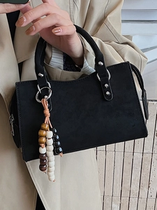 Retro black matte handheld square bag with beaded charm and silver rivets for women