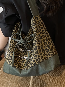 Vintage leopard print patchwork canvas tote bag with drawstring and wide strap
