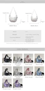 Detailed size comparison chart for large and small crescent nylon crossbody bags