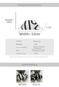 Detailed size chart and specifications for the black and white striped cloud shoulder bag