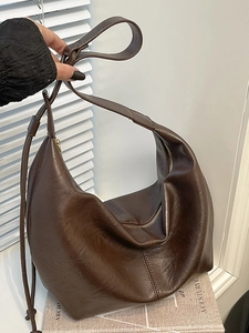 Minimalist large brown wax leather tote bag with vintage shoulder hobo design for women