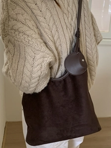 Brown vintage suede tote bag for women with circular flap and leather shoulder straps