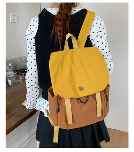 Rear view of a casual color-block canvas backpack with adjustable straps in a home setting
