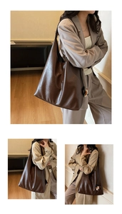Detailed view of deep brown faux leather tote bag with cute puppy plush charm