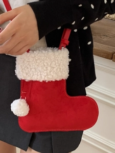 Mini sac à bandoulière chaussette de Noël en velours rouge avec bordure en fausse fourrure
