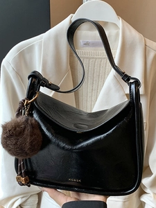 Sac à Bandoulière Carré Rétro en Cuir PU pour Femmes Grande Capacité Sac Besace Avec Pendentif Boule de Poils Mode Bureau