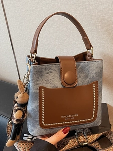 Fashion Retro PU Leather Bucket Bag For Women Contrast Color Patchwork Shoulder Bag With Woven Strap And Rabbit Pendant
