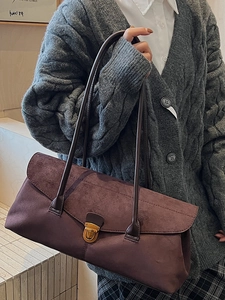 Vintage dark brown frosted suede bowling shoulder bag for women in autumn style