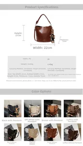 Detailed chart showing PU bucket bag dimensions, weight and various carrying styles
