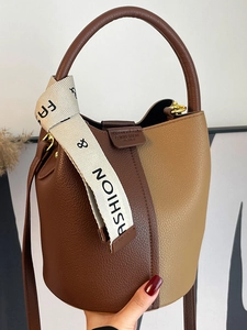 Women PU Leather Bucket Bag Contrast Color Splicing Lychee Pattern Handbag Ribbon Fashion Shoulder Crossbody Bag
